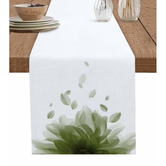 Modern Sage Green Burlap Cotton Table Runner 13x70 Inches Long, Gradient Floral Abstract Bohemian White Farmhouse Table Runners, Outdoor Dining Tablecloths Decor for Baby Shower/Party/Wedding