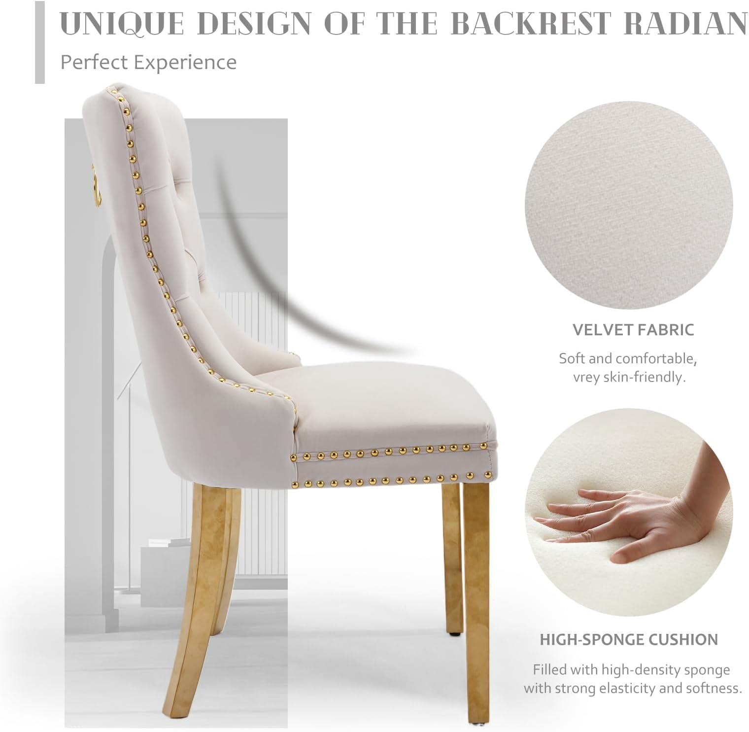 JESTOP Velvet Dining Chair Set of 4, Upholstered Tufted Dining Room Chair with Nailhead Trim, Solid Gold Plated Leg for Kitchen (Beige)