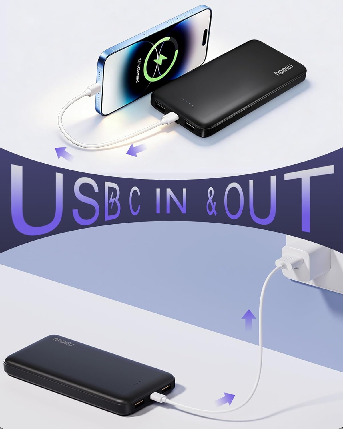 2-Pack Portable Charger, Slim 10000mAh Power Bank Travel Battery Pack 3 Outputs 2 Inputs Compatible with iPhone 17/16/15/14/13 Galaxy S24/22 iPad Android etc (Black+White)