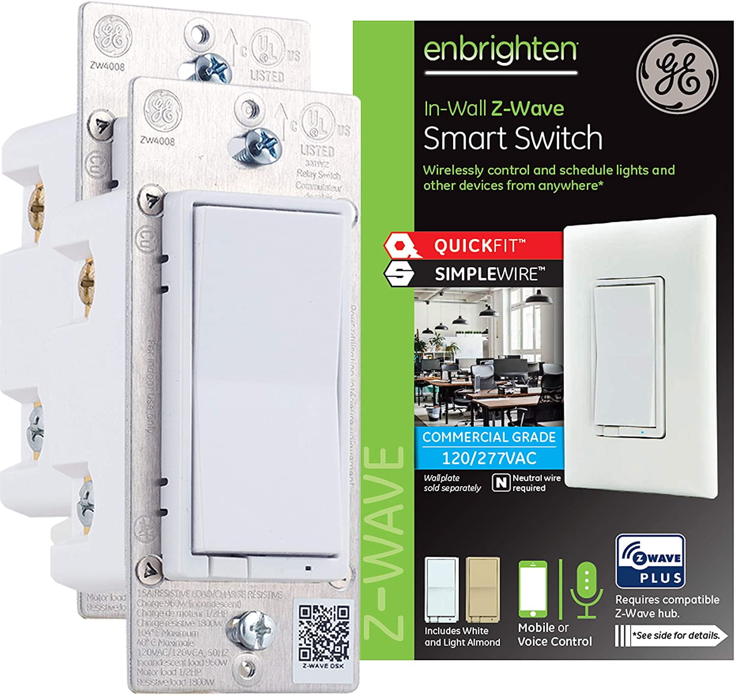 GE Enbrighten ZWave Plus Smart Light Switch 2pack, 49156, White and