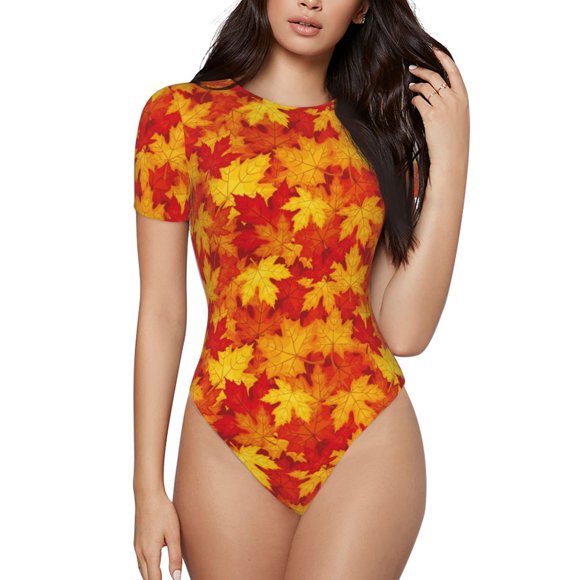 Bingfone Vintage maple leaves autumn Pattern Women's Round Neck Bodysuit, Tight Snap Button Short Sleeve Bodysuit, Suitable for Party, Sports, Daily Wear-Small