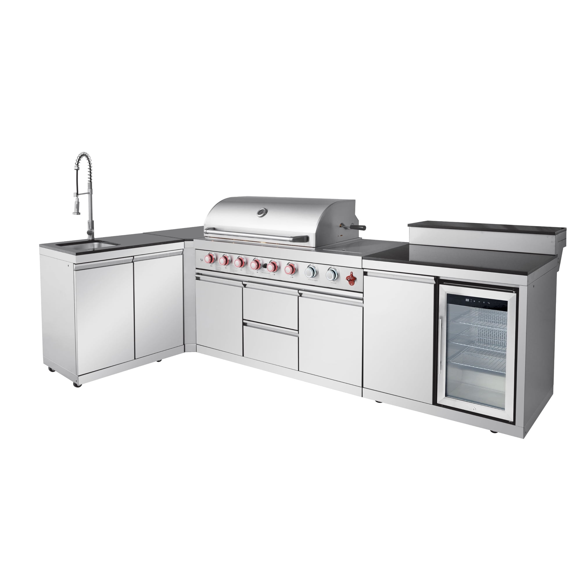 6-Burner 95500 BTU Deluxe Stainless Steel Gas Outdoor Kitchen Bar Barbecue Island Grill + sink with double-door storage cabinet bar counter + Refrigerator + Three-Tier Corner Cabinet