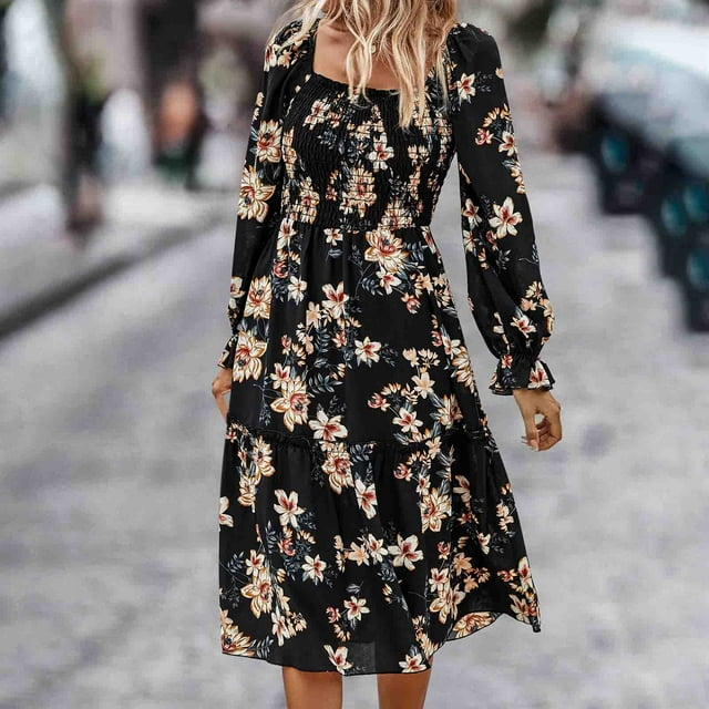 ICHUANYI Clearance Womens Fall Winter Vintage Dress Long Sleeve Print Dress(Black, M) ICHUANYI WER2023081512964