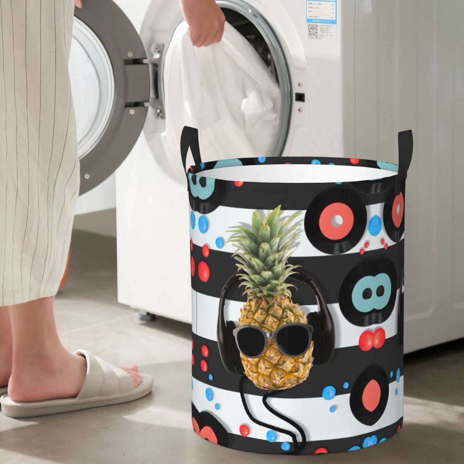 Large Laundry Basket with Handles - Pineapple With Black Glasses Kids Baby Dirty Clothes Laundry Hamper for Bedroom Aesthetic