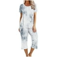 thumbnail image 2 of Soldes Aujourd'hui Liquidation Iumwxz Pyjamas Décontractés Fluides Tenues d'Été pour Femmes Teinture sur Nœuds Graphique Col Rond Manches Courtes Taille Élastique Pantalons Raccourcis Ensembles pour Vacances, 2 of 6
