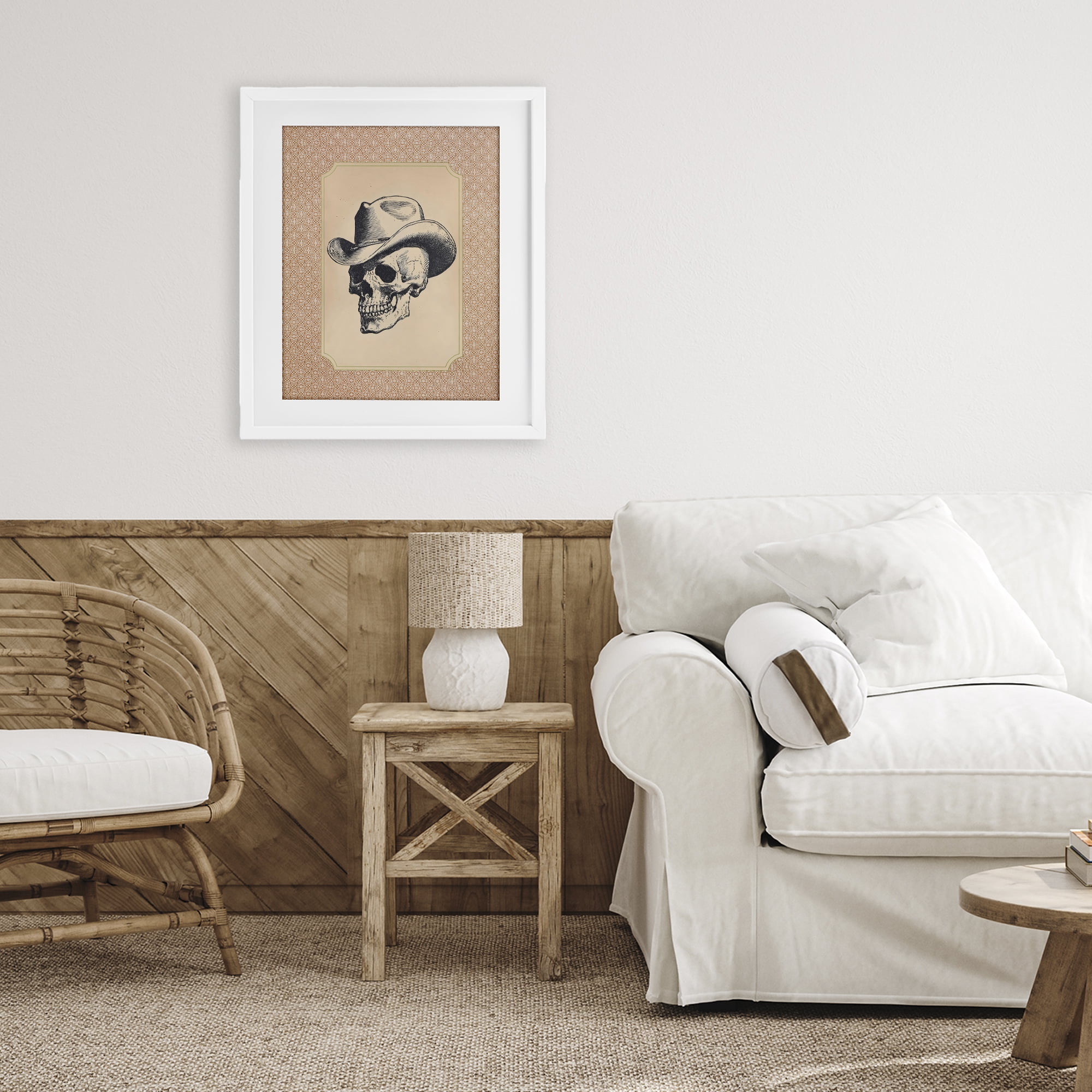 Vintage Cowboy Skull White Framed Print Under Glass, design by Arlington Prints