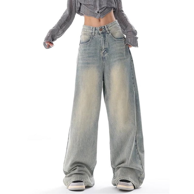 Pantalones vaqueros finos lavados Vintage para mujer, pantalones de mezclilla azules de estilo Neutral informal de calle, Pantalones rectos de cintura alta