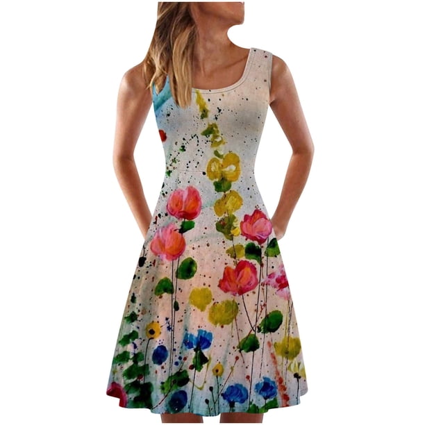 Vestido sin mangas informal sin mangas para mujer, vestido con cuello redondo y estampado floral de verano para la playa Pompotops ghjkhdj1601