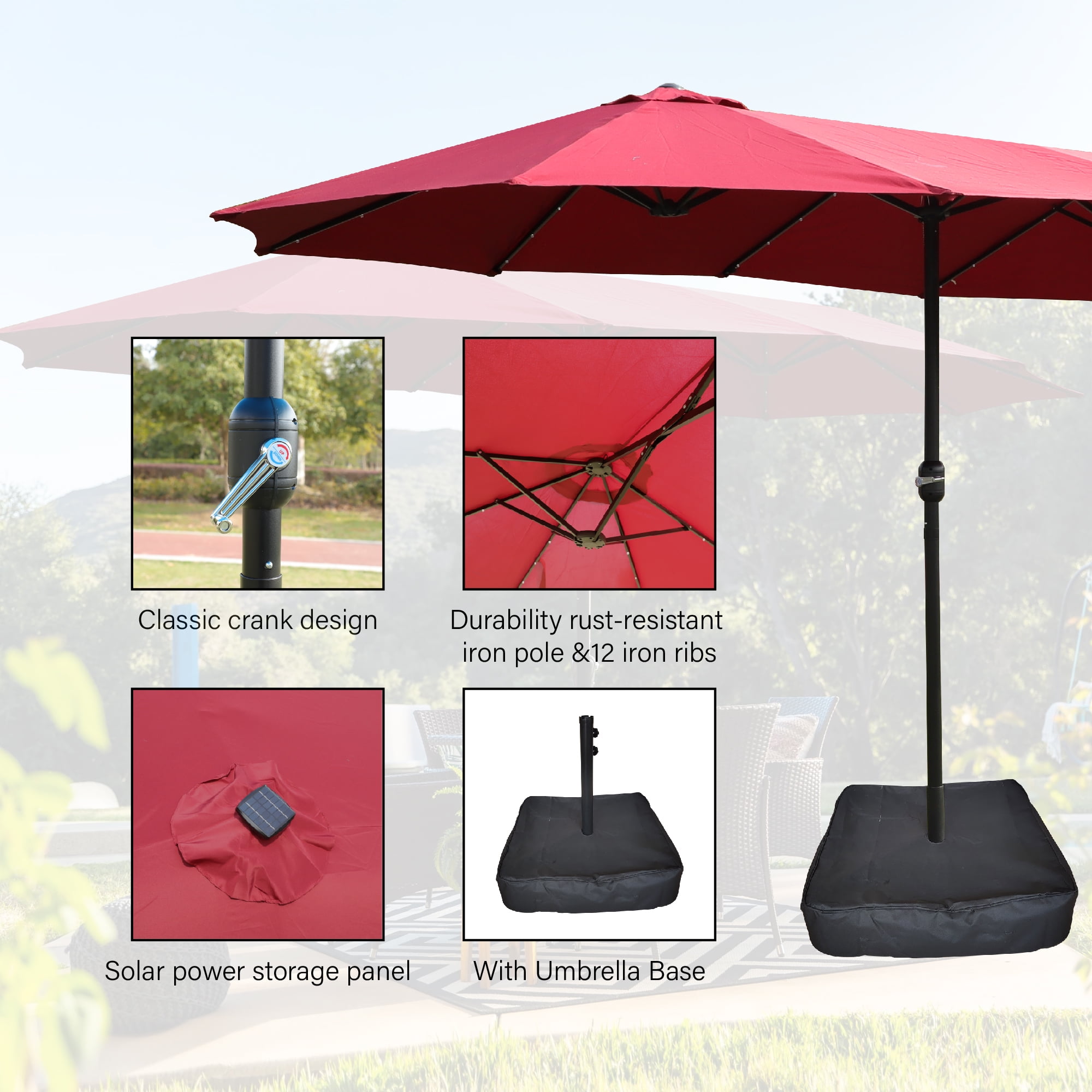Patio Umbrella, 15x9 FT Double Sided Rectangular LED Umbrella for Garden Poolside Backyard, Red