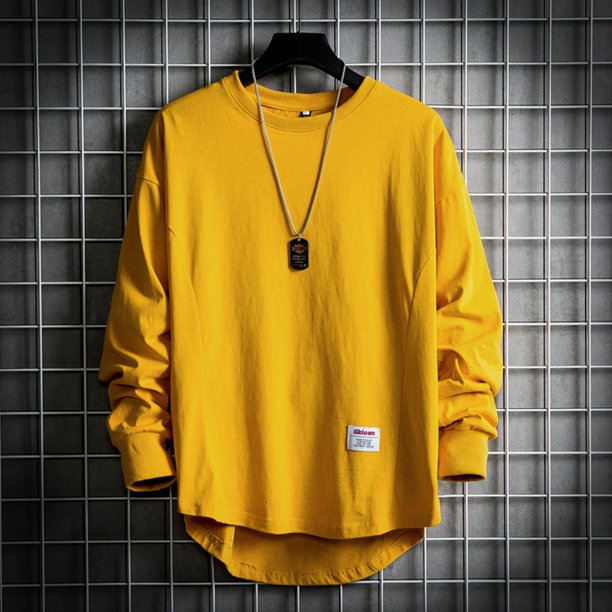 Blusas y camisas de manga larga y cuello redondo para hombre, estilo casual, de color liso, de poliéster y algodón.