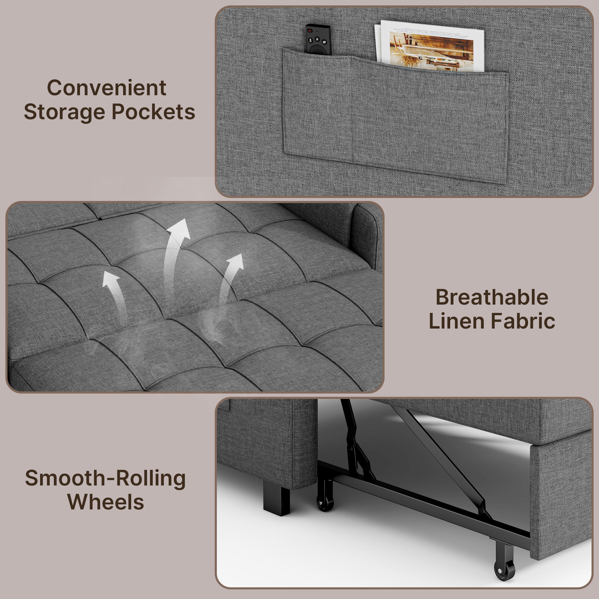 Lofka 71" D Twin Size Convertible Pull-Out Sofa Bed with 6 Adjustable Angles and Smooth Rolling Wheels for Small Spaces, Dark Gray