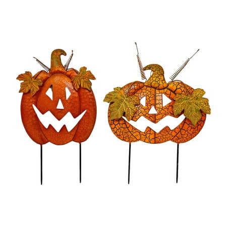 Set of 2 Halloween Pumpkin Garden Stakes Outdoor Metal Decor Orange #765 (16" H)