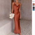 thumbnail image 2 of Brown Satin Slip Dress With Spaghetti Straps Deep Cowl Neck Slim Maxi Dress For Women, 2 of 8