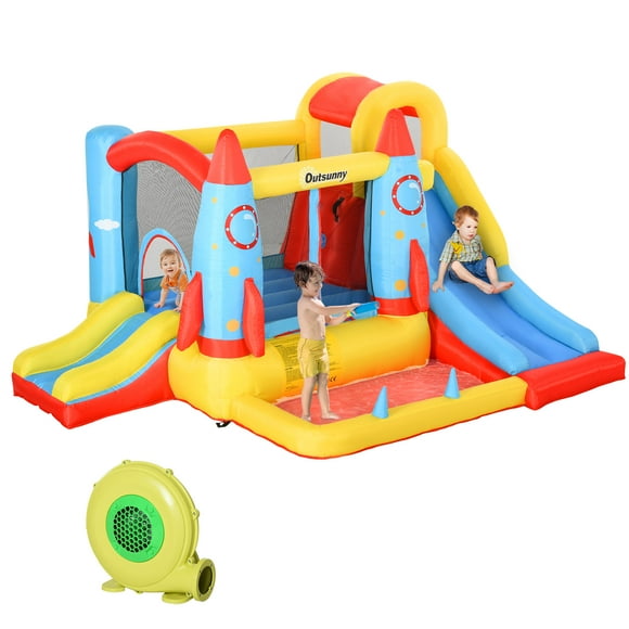 Outsunny Bouncy Castles for Kids Inflatable Water Slide Trampoline, 4 in 1 Bounce House with 450W Air Blower for Kids Age 3-8 Rocket Design 10.8' x 8.7' x 6.1'