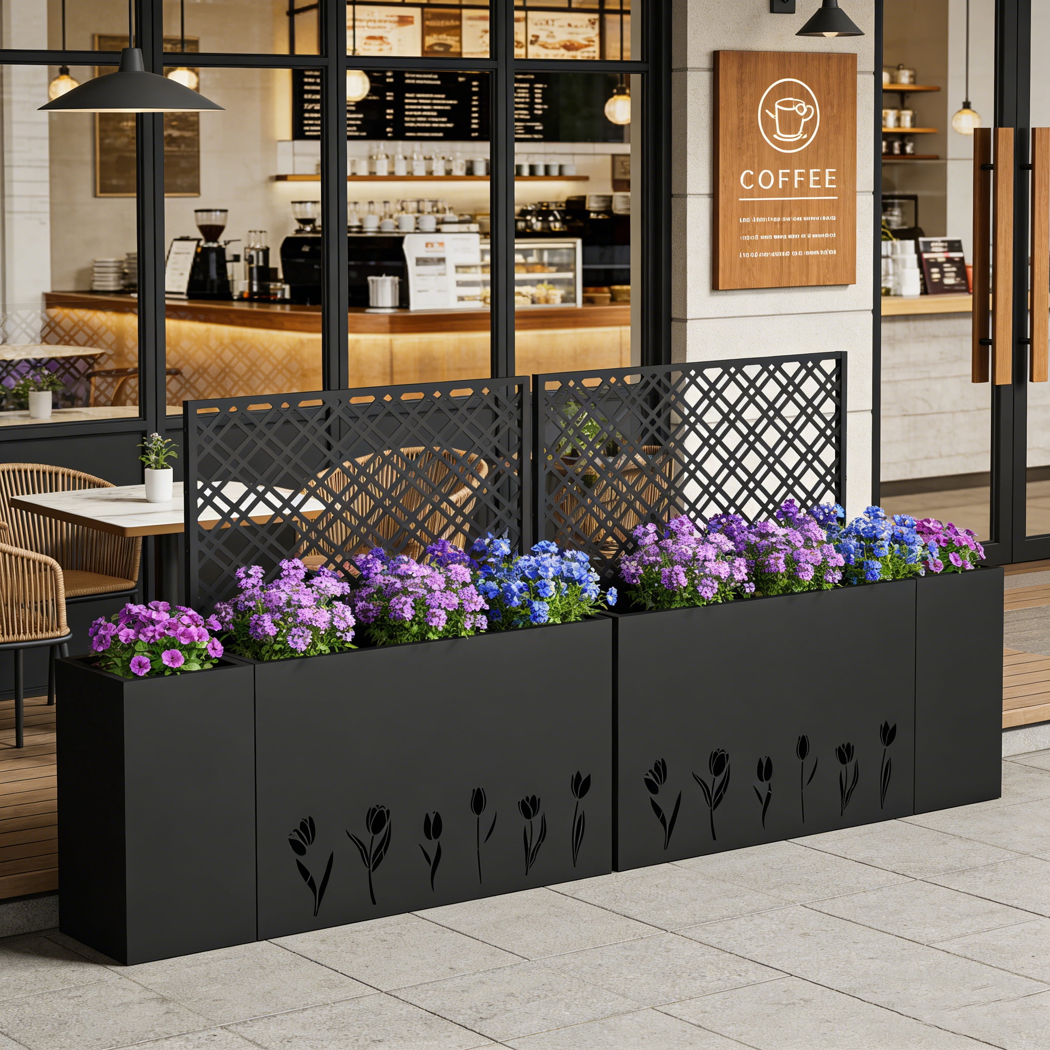 Mintazer Metal Planter Box Set with Trellis & Tulip Pattern, Outdoor Privacy Planter with Drainage Holes, Rust-Resistant Galvanized Steel Flower Planter, Black