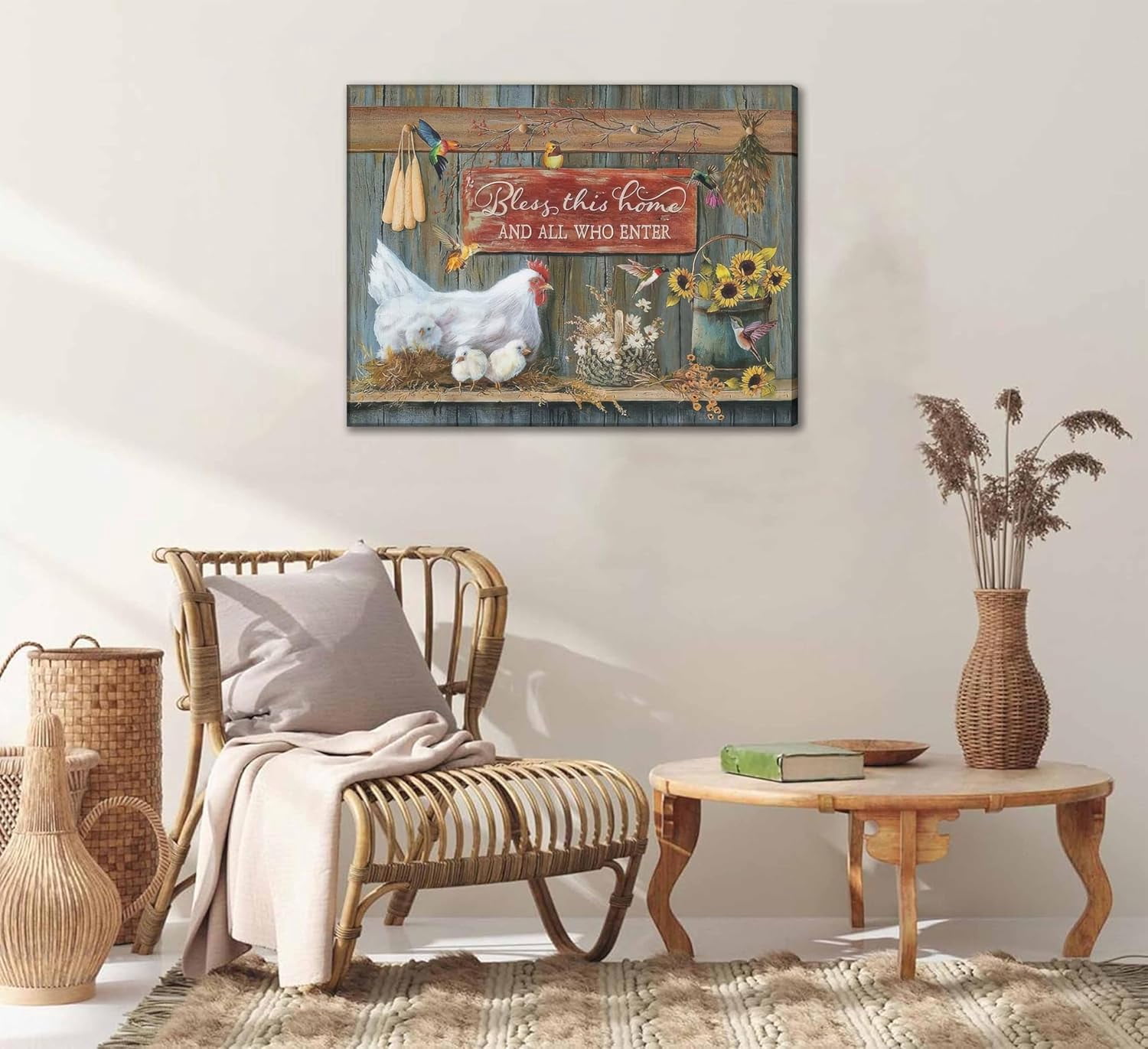 Farmhouse Country Chicken Canvas Wall Art Rustic Farm Hen Hatching Chicks Barn Animal Painting Picture Wall Decor Inspirational Quotes Flower Poster Prints for Kitchen Dining Room Decoration