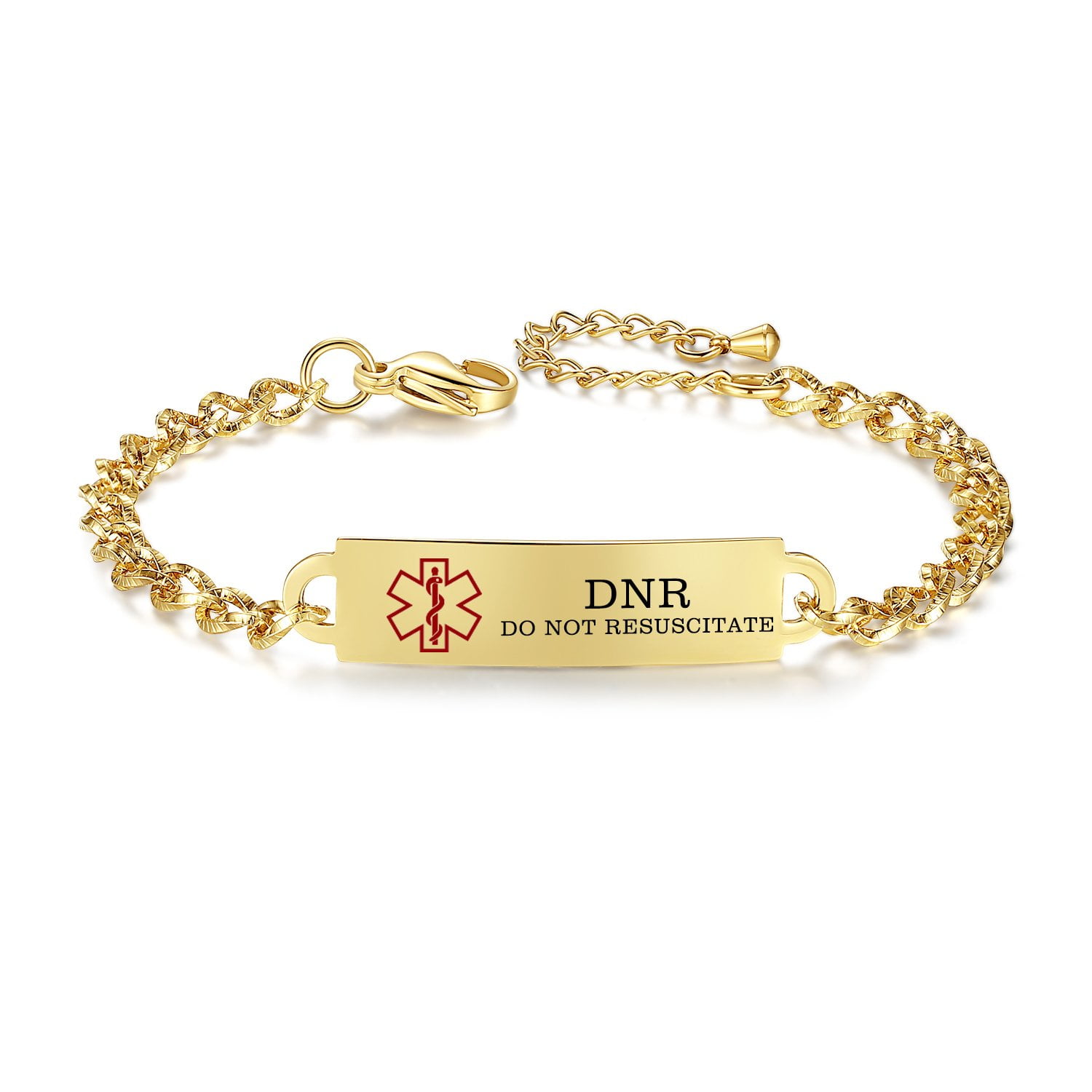 Medical Alert Bracelet for Women Adjustable Personalized Free Engrave DNR Do Not Resuscitate Stainless Steel Medical ID Bracelets 6.5-8 Inch(Gold)