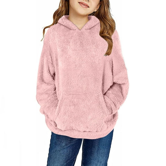 XUNKUSGA Girls Fuzzy Fleece Pullover Hoodies Casual Long Sleeve Outwear Coat with Kangaroo Pockets Warm Loose Girls Hoodies Solid Color Hooded Sweatshirt Pink