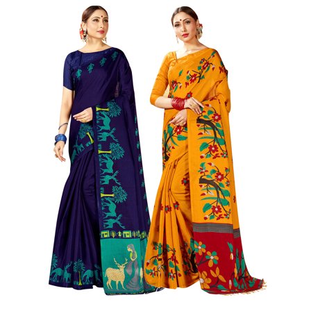 Pack of Two Sarees for Women Mysore Art Silk Printed Indian Diwali Sari || Wedding Gift Combo Saree