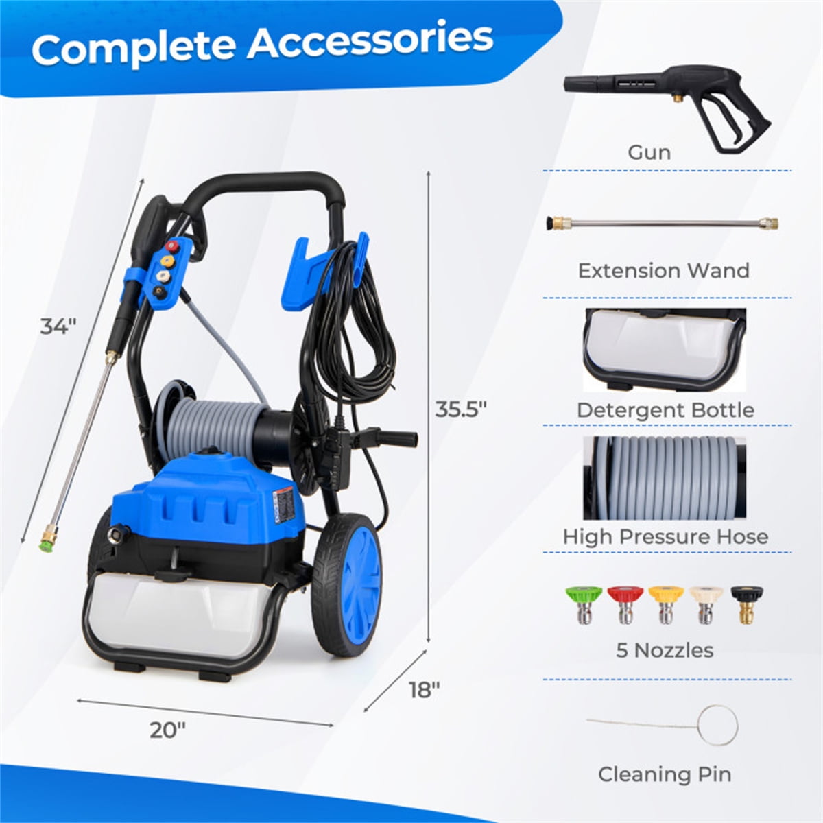 2300 PSI Electric Pressure Washer with Wheels, 1.8 GPM High Power Washer for Driveway, Patio, Deck & Car Cleaning | Includes 5 Quick-Connect Nozzles, Soap Dispenser, 21ft Hose & 35ft Cord