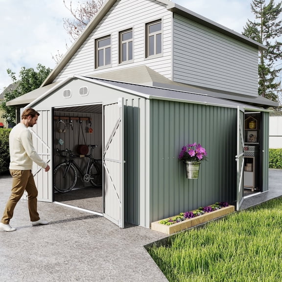 10x12 FT Outdoor Metal Storage Shed with Lockable Door in White