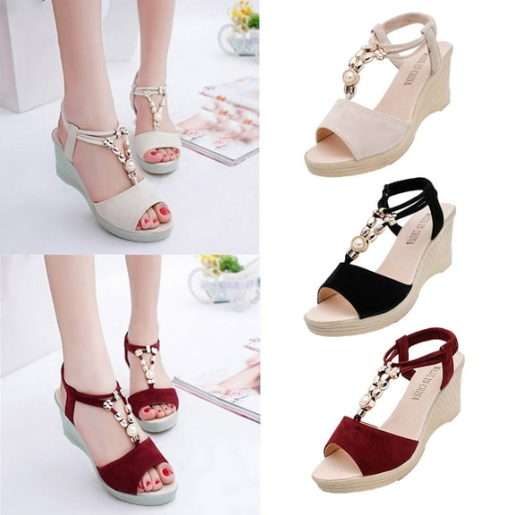 Fesfesfes Dress Sandals For Women Peep-toe Pump Women Ladies Fashion Wedges String Bead Casual Roman Sandals Shoes 5.5(36)