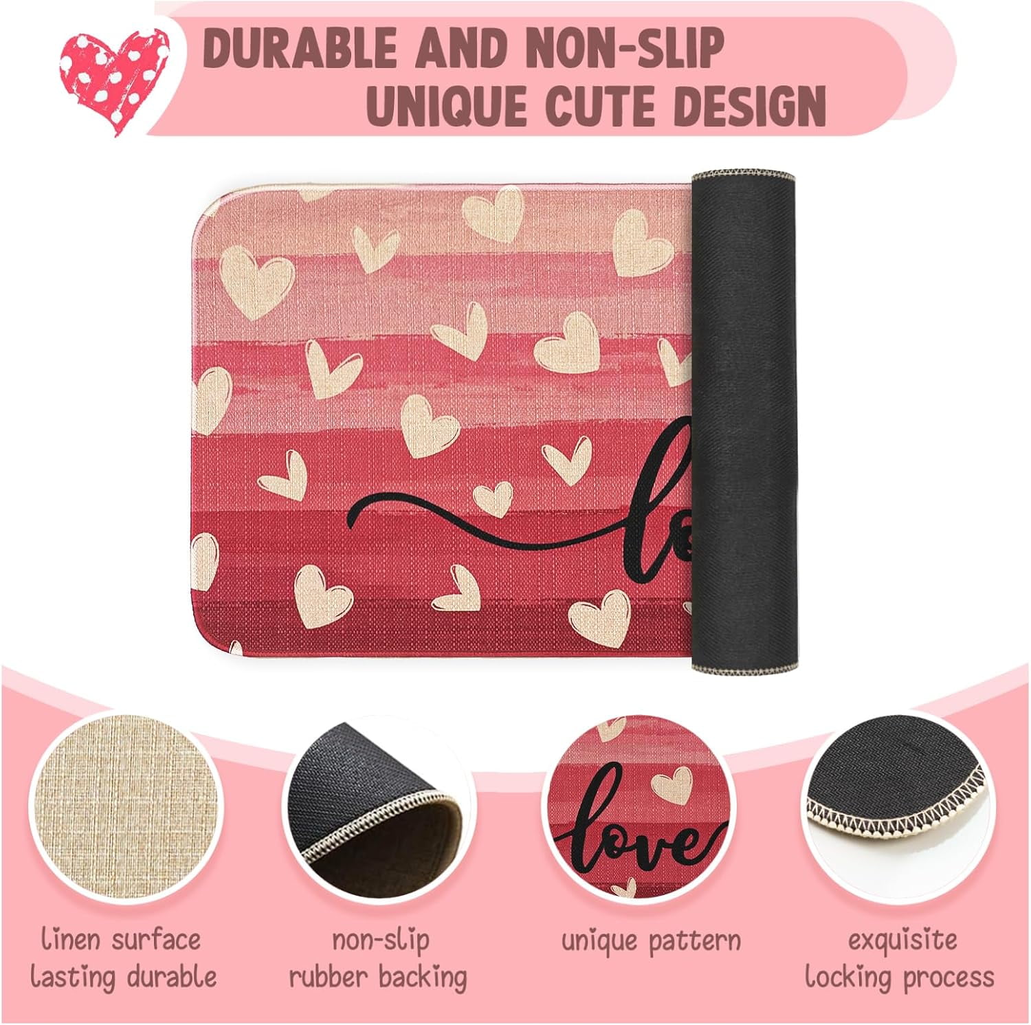 Valentines Day Door Mat Love Heart Doormat Valentines Decor Kitchen Mats Home Party Wedding Outdoor Entrance Non-Slip Rubber Door Mats 30" X 17"