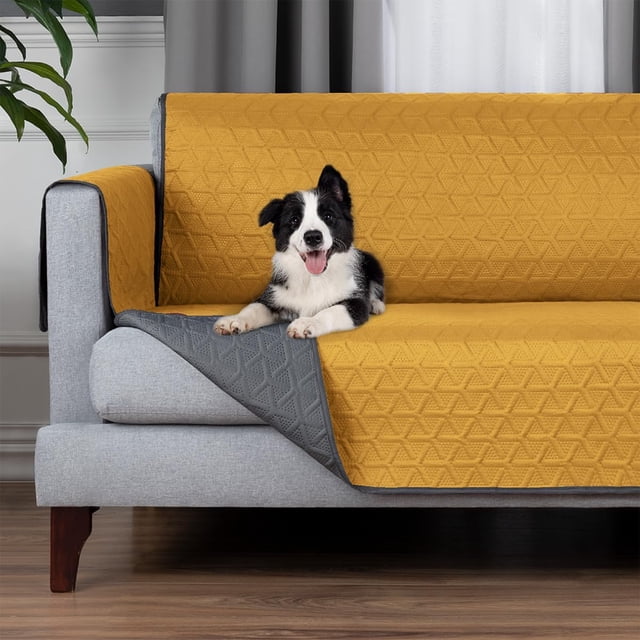 Juego de 3 Protectores para Sala - 2 Vistas y Capitonado Pinsonic. Protector de Muebles Lavable - Fundas para sillón - Sofa Cover (Amarillo - Gris)