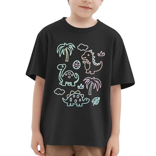 NINGMENG Hauts et T-Shirts pour Filles, Été, Imprimé Dinosaure, Col Rond, Manches Courtes, Ample, Décontracté, Noir, 7-8 Ans