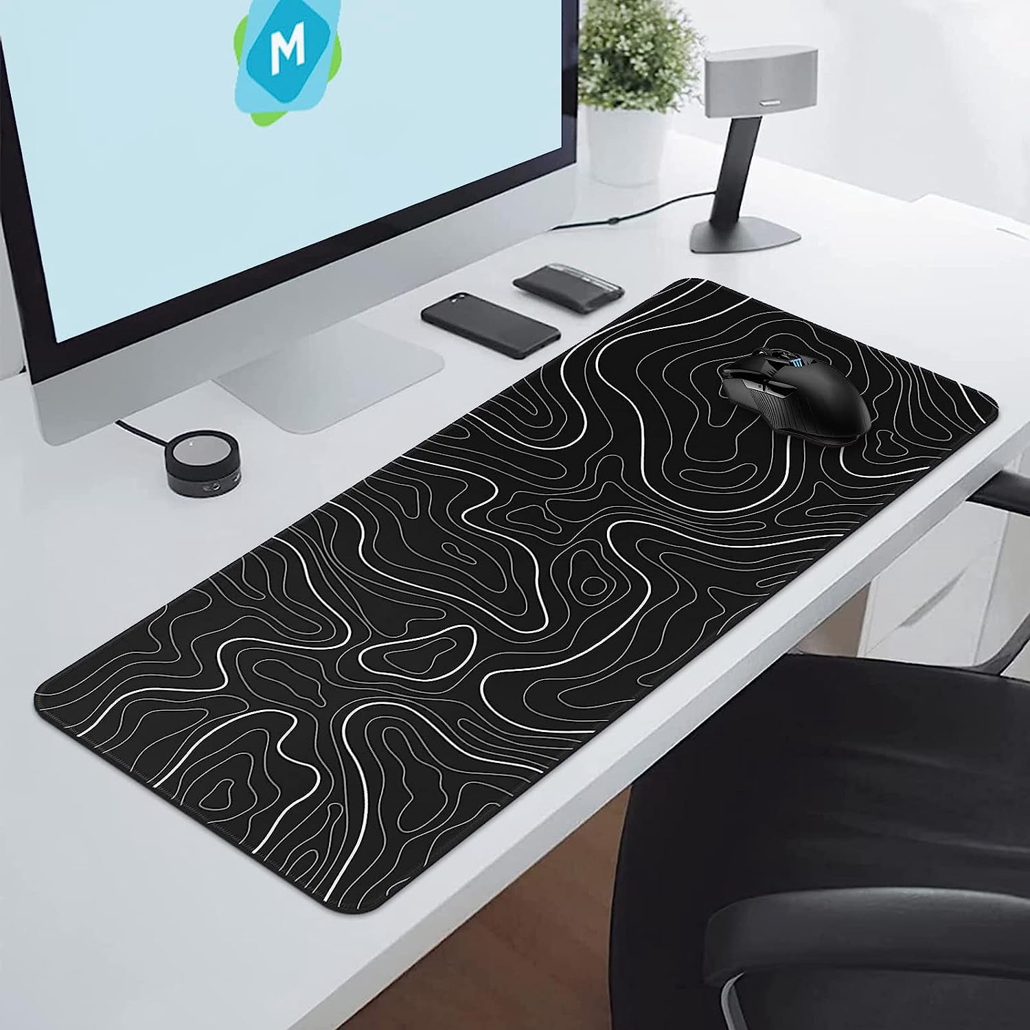 Mouse Pad Gaming Keyboard Pad 31.5 x 11.8in Topographic Mouse Pad Black White Mouse Mat for Keyboard with Anti-Slip Rubber Base,Big Mouse Pad Long Mouse Pad Mouse Mat