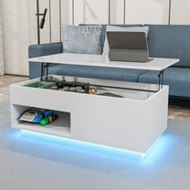 Modern Lift Top Coffee Table with Hidden Compartment LED Coffee Table High Gloss Sofa Side Cocktail Tables White with Drawer & Open Shelf for Home Office