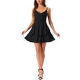 thumbnail image 1 of INSPIRE CHIC Vestido de tirantes de espagueti para mujeres con volantes peplum, vestido mini casual con cruce S Negro, 1 of 5