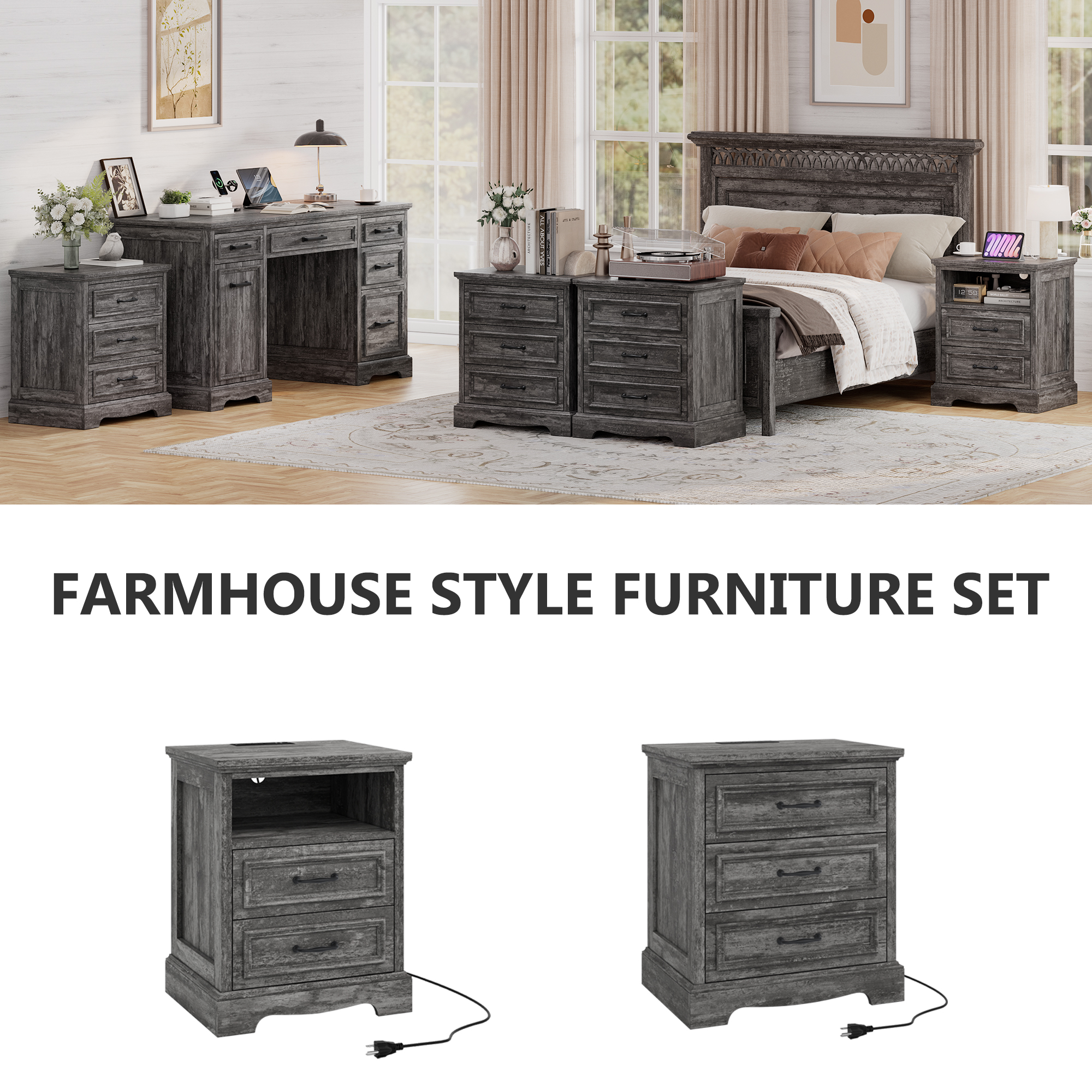 Farmhouse Nightstand with Charging Station, 3 Drawers Bedside Table for Bedroom for Adults, Dark Gray