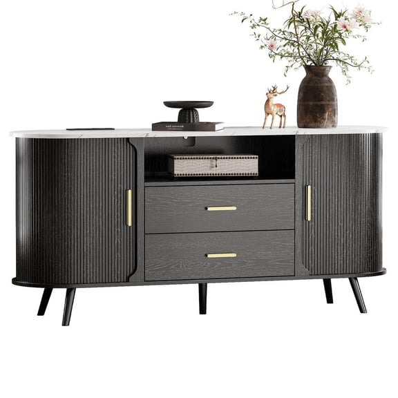 60" Tambour TV Stand for TVs up to 70", Fluted Wood Media Console with Sliding Doors and Storage Cabinet for Living Room, Modern Entertainment Center, Black