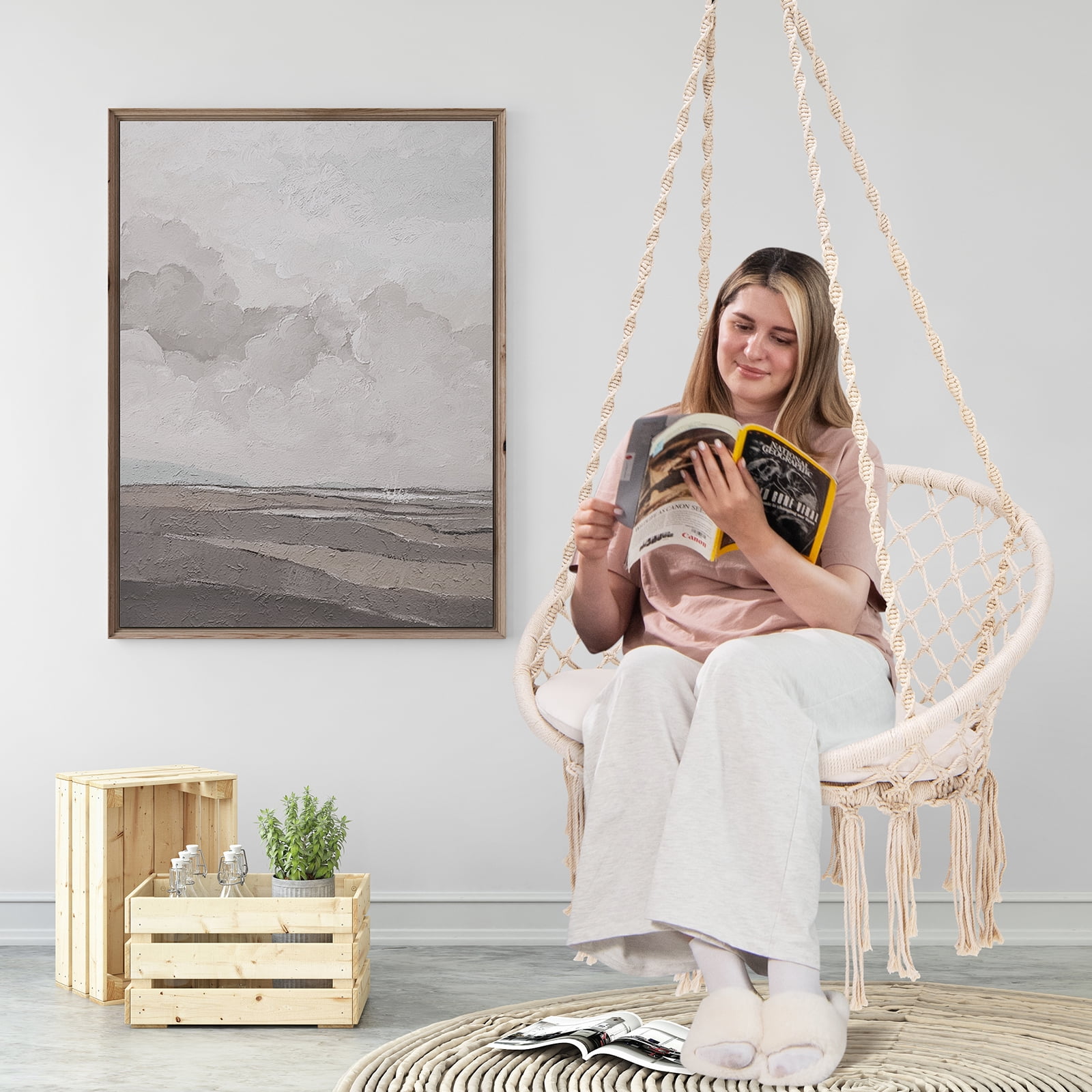 Patiojoy Bohemian Indoor/Outdoor Hanging Hammock Chair, Macrame Swing with  Soft Cushion, Beige - Walmart.com