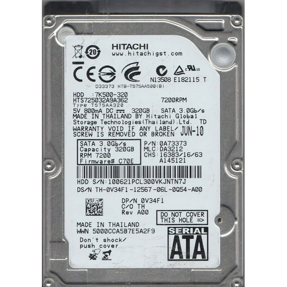 HTS725032A9A362, PN 0A73373, MLC DA3212, Hitachi 320GB SATA 2.5 Hard Drive