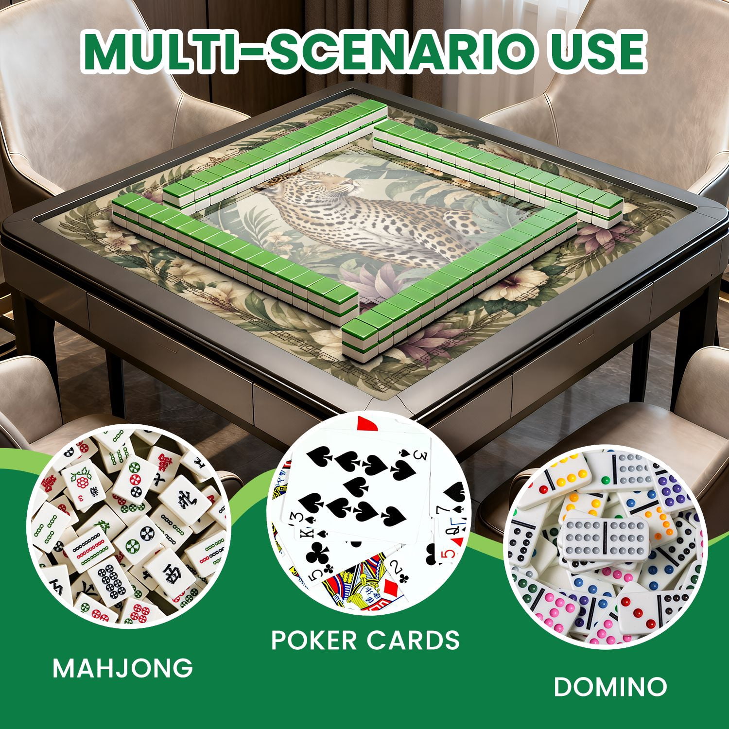 Mahjong Mat 31.5" x 31.5" Leopard Tropical Floral Jungle Greenery Soft Earth Tones Non-Slip Noise Reduction American Mahjong Tiles Table Cover for Dominoes Poker Card Board Games Gift