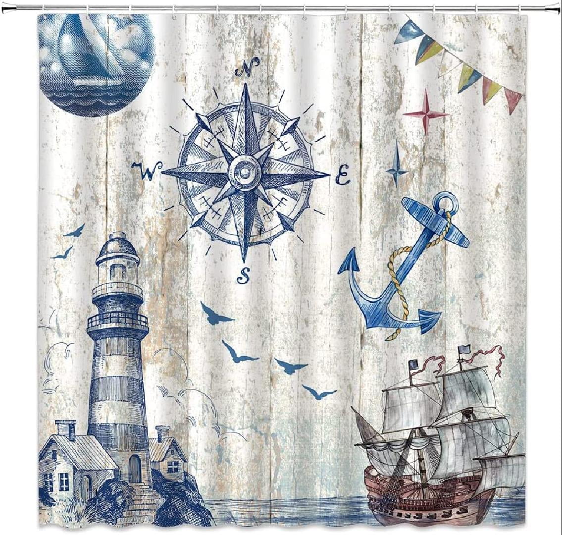 Nautical Blue Shower Curtain Retro Summer Barn Door Wood Sailboat