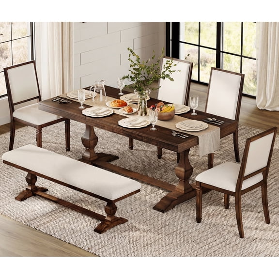 WAMPAT 6-pieces Farmhouse Dinning Table,74.8" Kitchen Table Set with 4 Chairs and Bench for 6-8, Solid Wood Legs and Cushion Seat for Kitchen & Living Room,Espresso