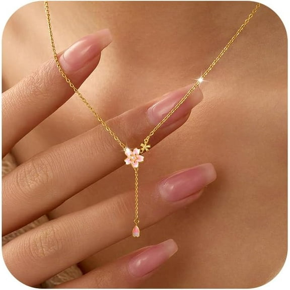 925 Sterling Silver Cherry Blossom Necklace for Women Graduation Pink Jewelry 14K Gold Plated Cute Birth Month Enamel Flower Pendant Necklace Floral Artificial Stone Pearl Chain
