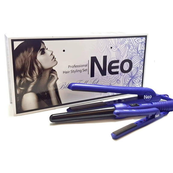 The Neo Choice 3 pcs Trio Complete Full Set W/ 1.25 Inch Hair Straightener, 18-25mm Curling Iron and Mini Hair Iron (Blue)