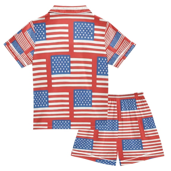 Ttyddzy Pajama Sets for Boys&Girls, Soft Silky Satin Button-Up Pjs with Shorts for Spring/Summer, Red Flag S