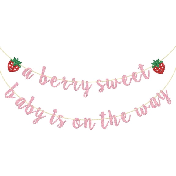 Strawberry Baby Shower Banner, Pre-strung A Berry Sweet Baby is on the Way, Berry Sweet Baby Shower Decoration, Berry Welcome Baby Banner (Pink Glitter)