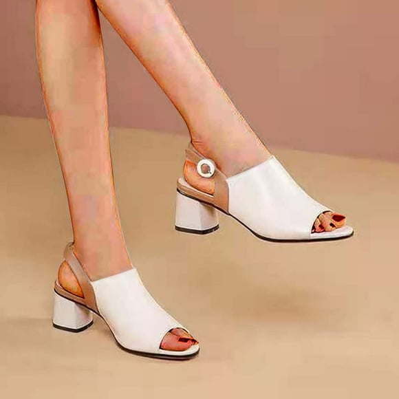 RKSTN Sandals for Women Summer Sandals Leather Fish Mouth Block Heel Sandals Soft Comfortable Sandals