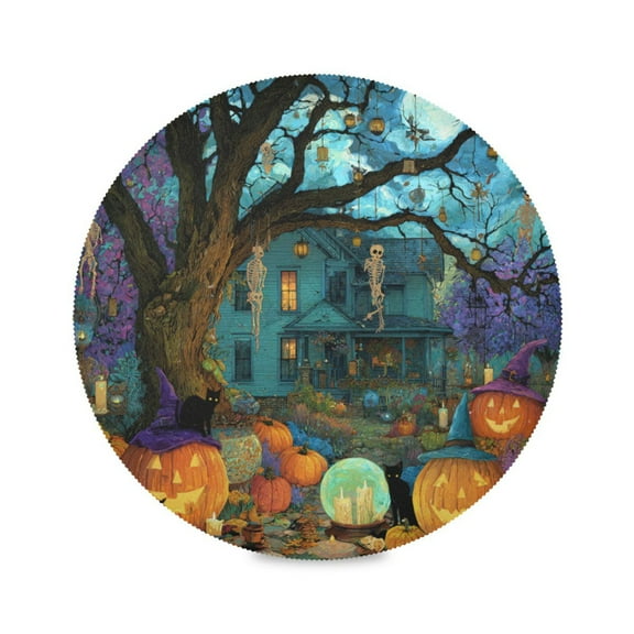 WOBOGO Halloween Moonlight Round Placemats Set of 1 Heat Resistant Washable Kitchen Table Decorations 15.4in