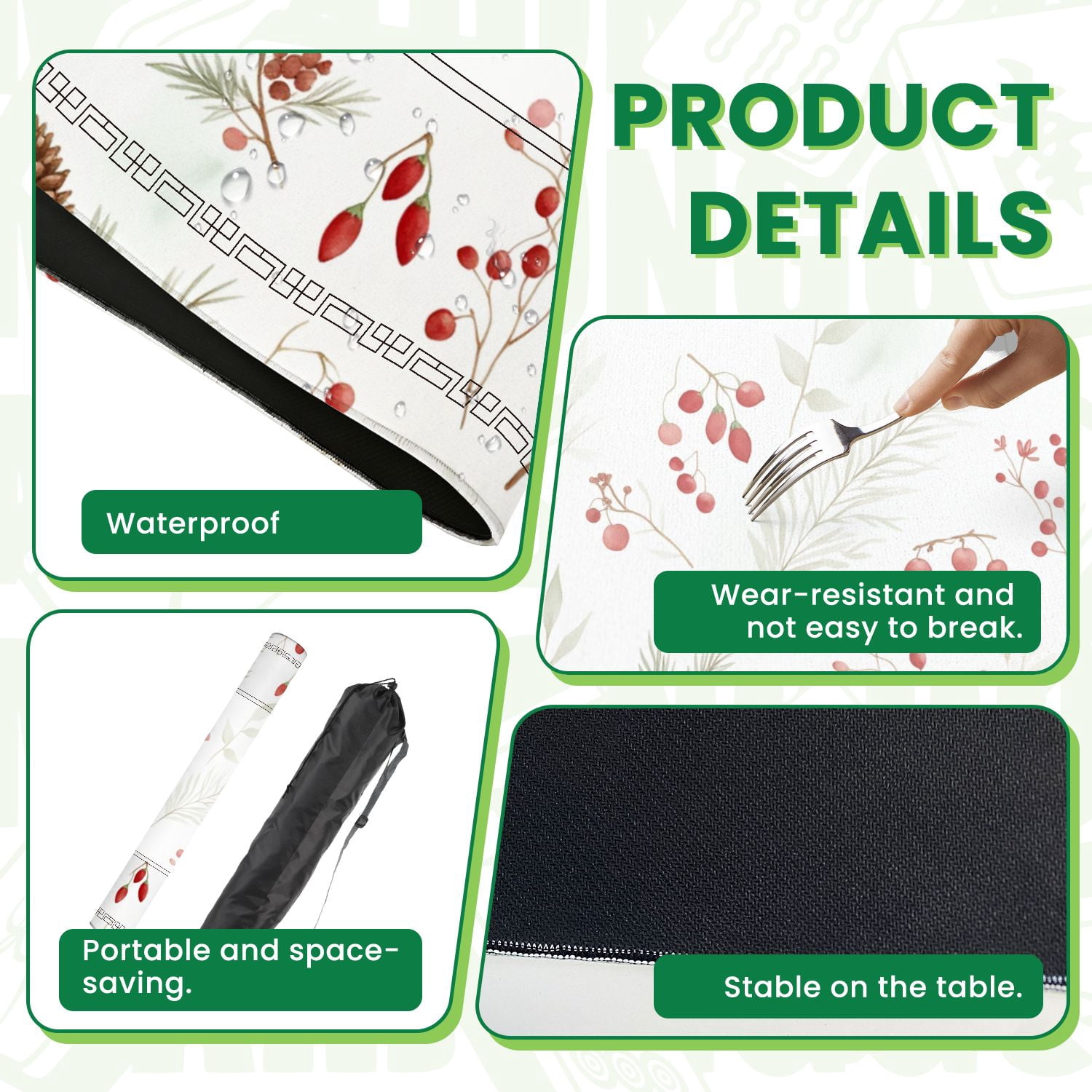 Mahjong Mat 31.5" x 31.5" Christmas seamless red berries green fir twigs cones white Non-Slip Noise Reduction American Mahjong Tiles Table Cover for Dominoes Poker Card Board Games Gift
