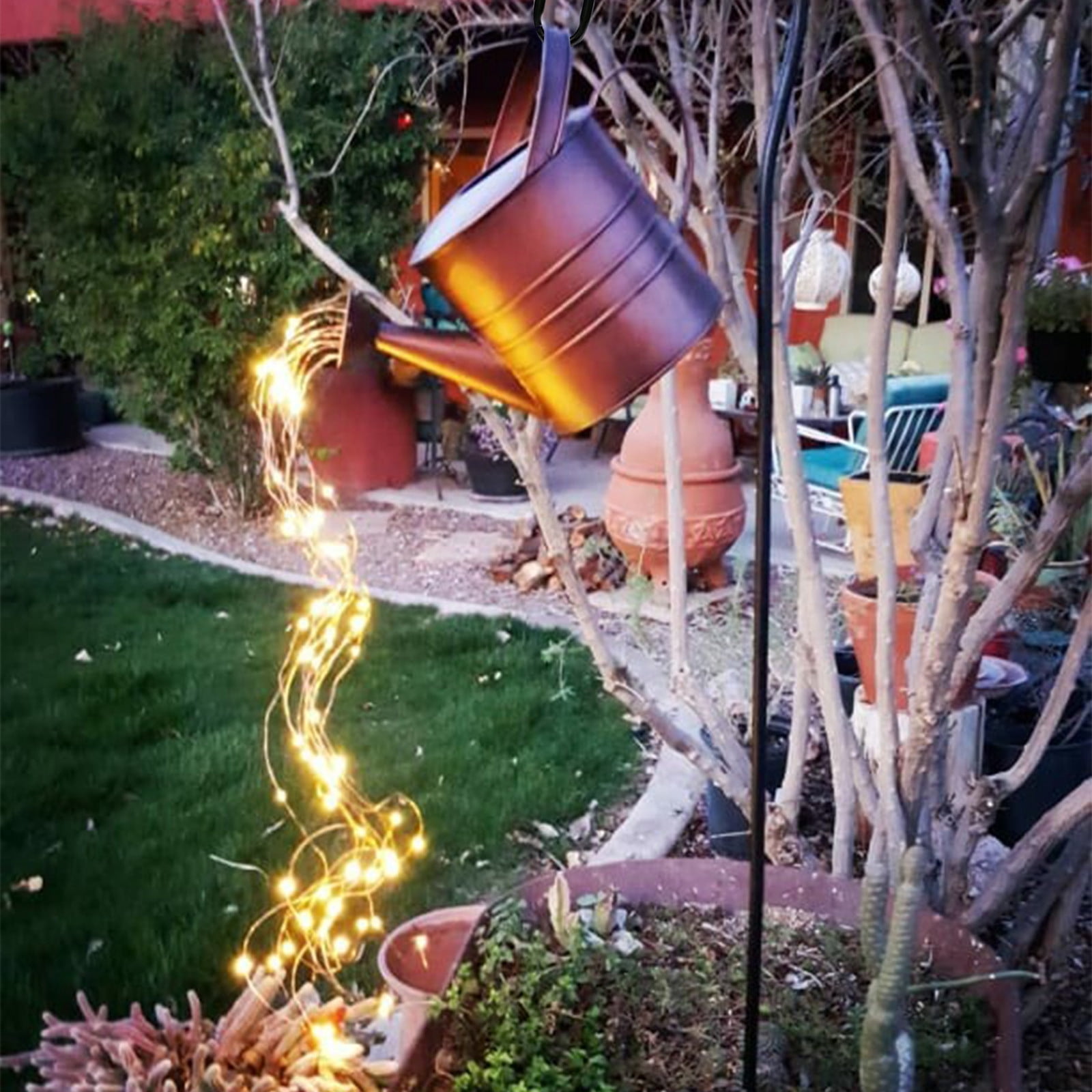 Garden Art Shower Lamp with Watering Can Design,Warm White LEDs,Battery-Powered,Disassemblable for Easy Assembly,Unique Light Decoration for Outdoor Garden（Shower Head+Light+Stand）