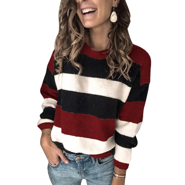 MAWCLOS Chandail à Blocs de Couleur pour Femmes, Chaud pour l'Hiver, Rayé, Rouge Vin 2TG