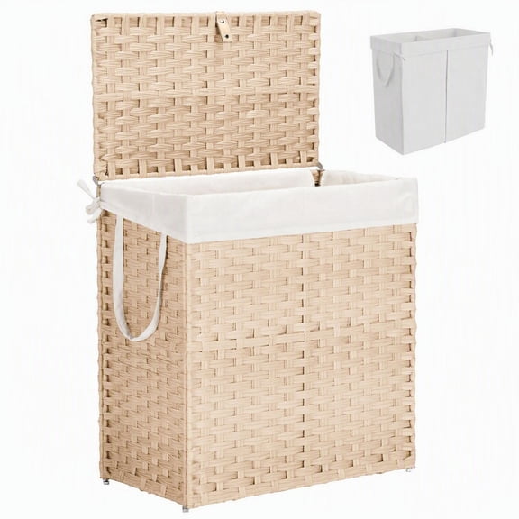 Taoset 110L Laundry Hamper with Lid, Wicker-Style Clothes Basket with Side Handles for Bedroom, Bathroom and Laundry Room, Natural Wood