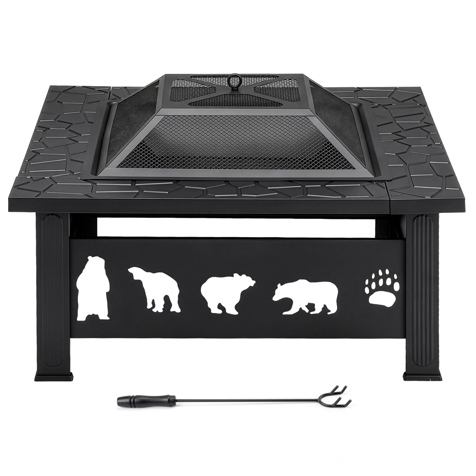 32 Inch Square Outdoor Wood Burning Fire Pit Table, Heavy Duty Wrought Iron Firepit with Pyramid Spark Screen Lid & Fire Poker, Decorative Bear Cutout Patio Fire Pit for Backyard, Garden, Lawn